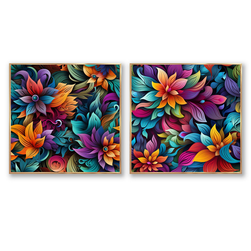 Vibrant Mandala Motif Boho III - Ensemble de 2 collages floraux et botaniques carrés, Cadre flottant doré, H 16 po x l 33 po