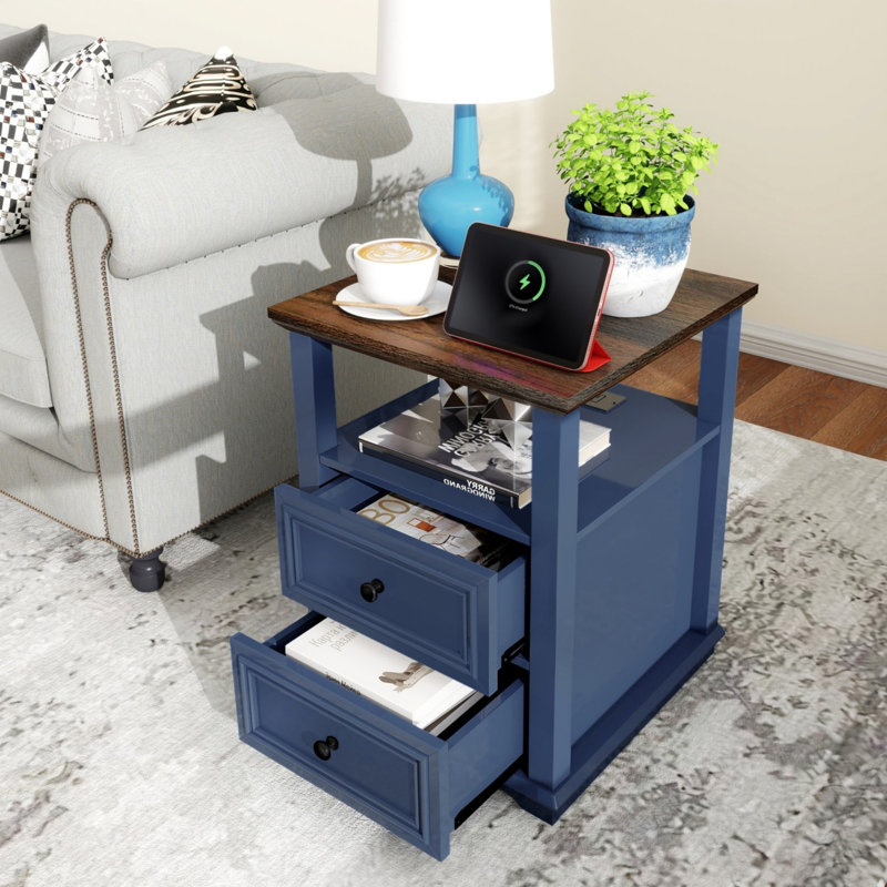 18 Inch Wide Nightstand With Charging Station, Side Table With Open Shelf, 2 Drawers Wood Dresser, End Table For Bedroom & Living Room