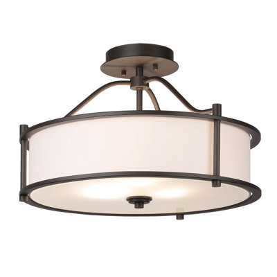 Plafonnier semi-encastré 3 lumières 18 po avec abat-jour en tissu et diffuseur en verre semi-encastré
