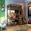 Lit mezzanine simple en bois avec bureau intégré, DEL, tablettes de rangement, armoires et escalier, noyer-1597168019