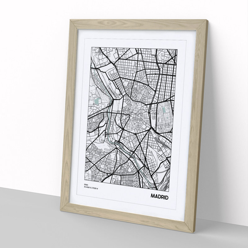 Map Madrid Spain - Picture Frame Graphic Art, Oak, 48cm H x 36cm W x 2cm D