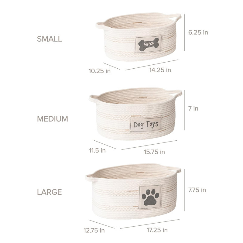 Paniers de rangement pour jouets pour chien - Ensemble de 3 bacs de rangement ovales en corde pour le rangement des animaux de compagnie et des ménages, avec poignées, gris anthracite sur ivoire
