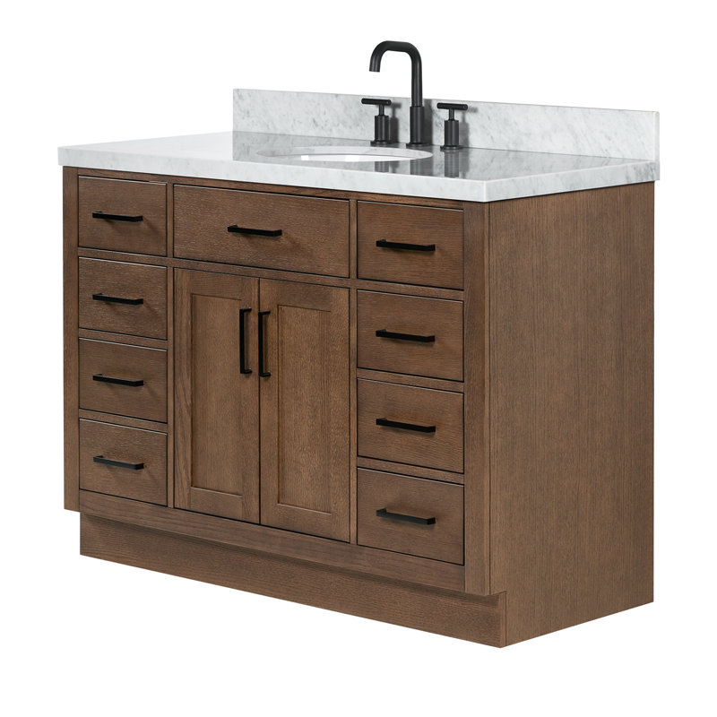 Meuble-lavabo simple en bois massif 48 po avec lavabo en marbre de Carrare 1,5 po Tidworth, Ovale, Chêne brun