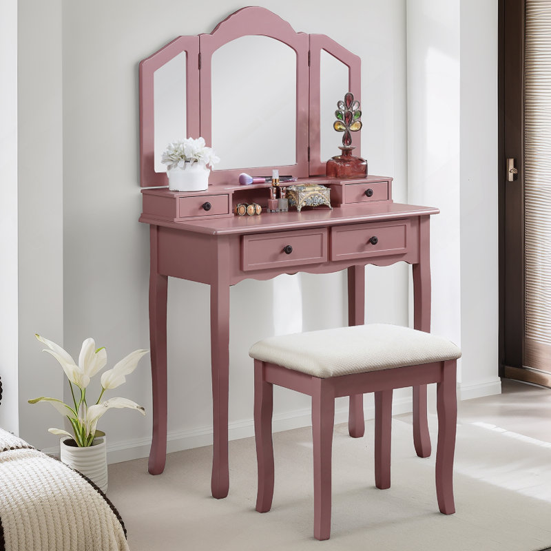 Ensemble coiffeuse et tabouret en bois, Or rose