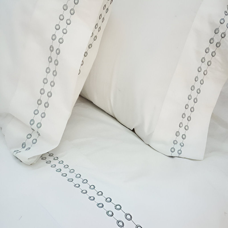 400TC Sateen Solid Cotton Dot Embroidered Cotton 4 Piece Sheet Set Fitted Sheet Fits Upto 16" Deep Pocket, Light Gray Border