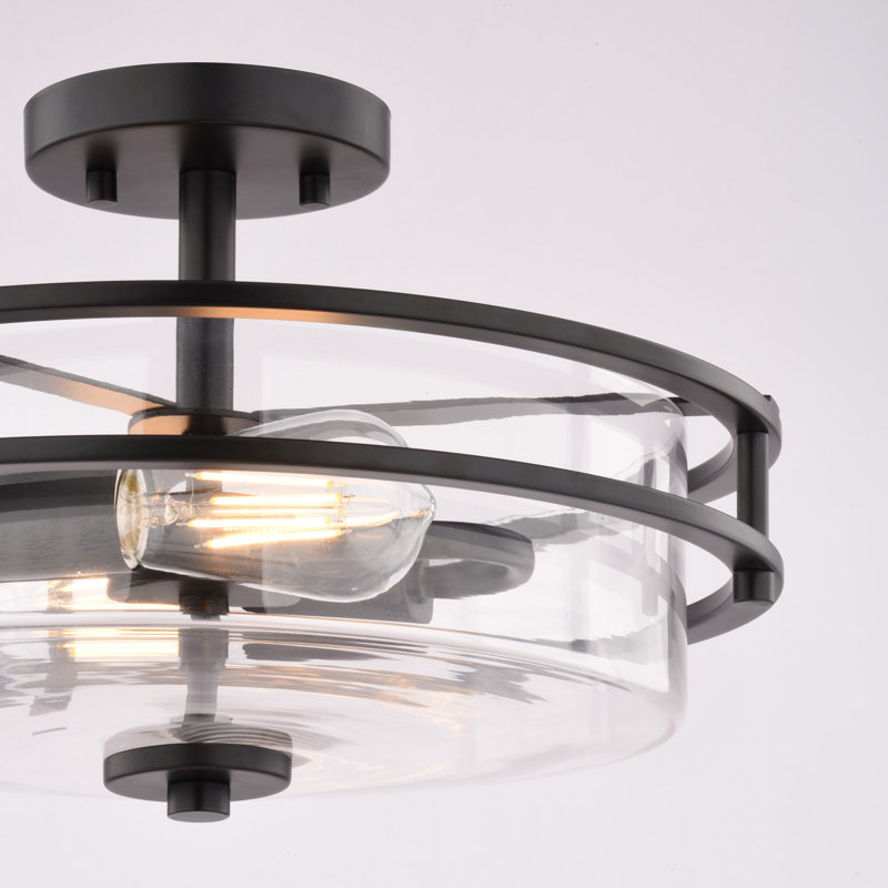 Plafonnier semi-encastré rond avec verre transparent 2 lumières Grace, noir mat, compatible avec DEL, largeur 14,75 po