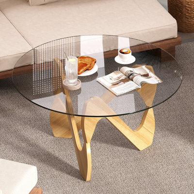 Table basse ronde avec pieds en bois massif, table minimaliste pour le salon