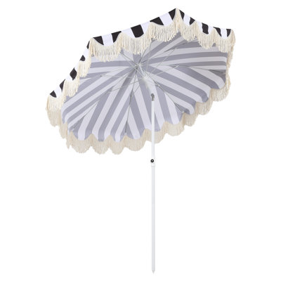 Mariner 6.5 ft. Striped Round Outdoor Beach Umbrella with Fringe, Push-Button Tilt, UV 50, Black/White Canopy, White Pole