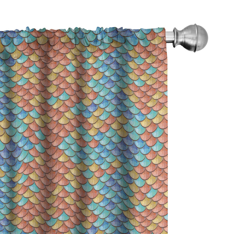 Fish Panel Curtain, Maritime Animal Scales Pattern Abstract Geometric Half Circles Mermaid Tail Design, Lightweight Window Treatment Living Room Bedroom Decor, Multicolor Semi-Sheer Rod Pocket Sliding Panel