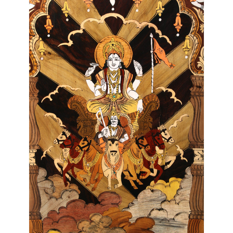 24" Surya Dev on Rath Natural Color on Wood Panel with Inlay Work - Handcrafted Traditional Indian Sun God Religious Spiritual Wall Art Home Temple Decor