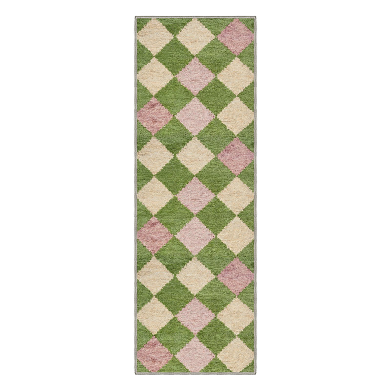 Tapis d'intérieur rose / vert / beige lavable à la machine avec envers antidérapant Aiden Maven