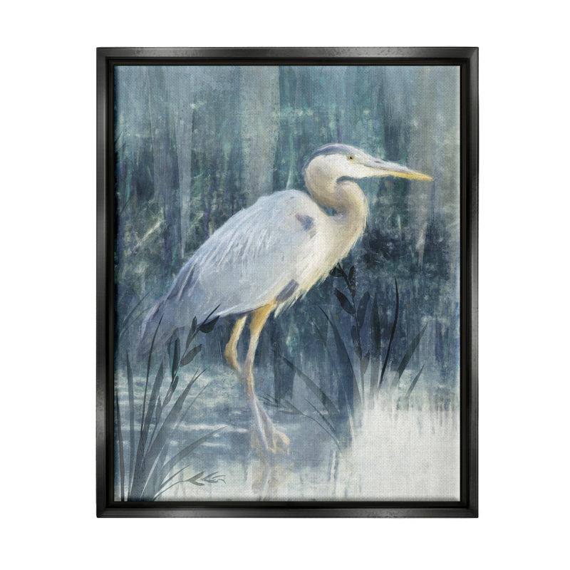 «Egret River Reeds», art mural sur toile flottante par Nina Blue, H 21 po x l 17 po x P 1,7 po, Cadre flottant noir de jais