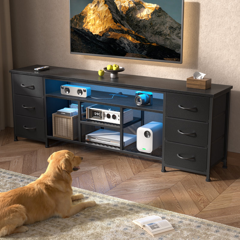 Modern TV Stand for TVs up, LED Entertainment Center with Power Outlets and 6 Drawers, Media Console with Storage for Living Room