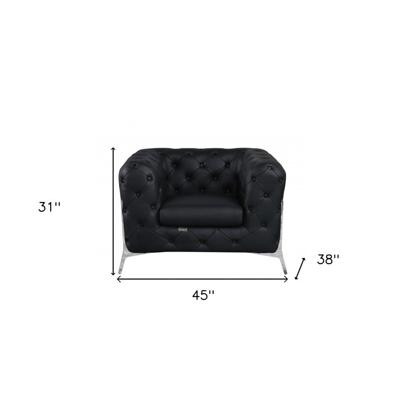  Fauteuil Chesterfield noir en cuir italien capitonné avec détails argentés, Black, Argent