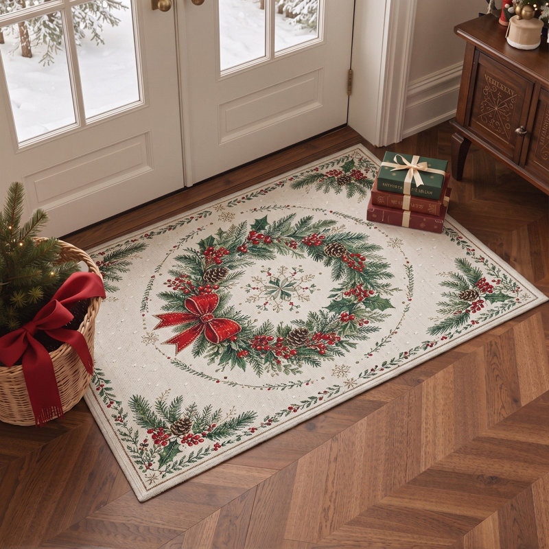 Tapis de salon lavable à poils courts, motif floral de Noël ivoire et vert avec couronne de sapin et nœud rouge