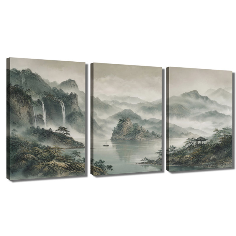 Toile, art mural, encre de Chine, lac de montagne brumeux, cascade, paysage traditionnel, décoration murale