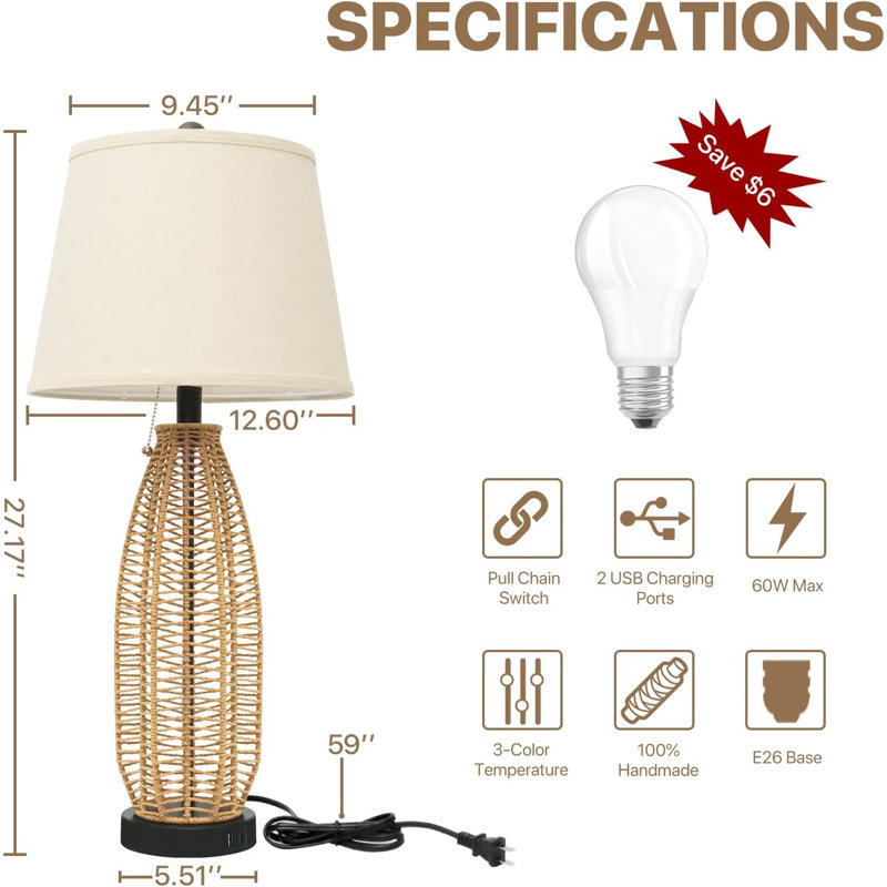 27" Boho Table Lamp: Rattan Lamp with USB A+C Charging Ports, 3-Colour Temperatures Boho Lamp with Pull Chain, Boho Bedside Lamp for Nightstand Bedroom Living Room, Bulb Included, 1-Pack