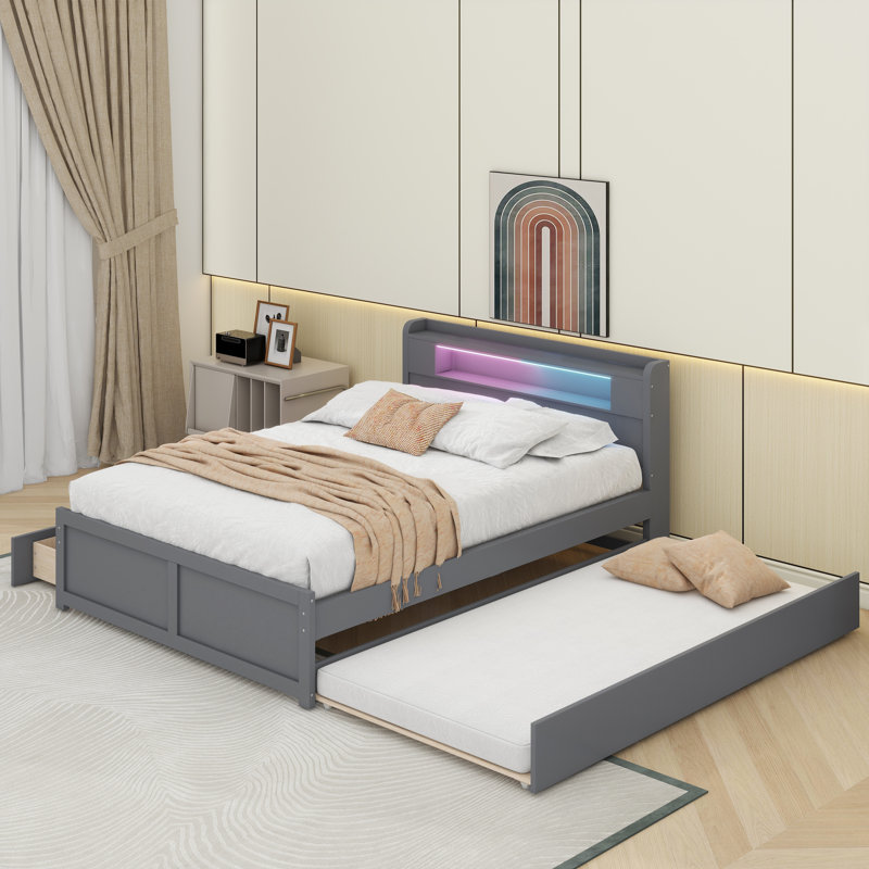 Grand lit plateforme en bois avec rangement à DEL, 2 tiroirs et 1 lit gigogne simple, Gris