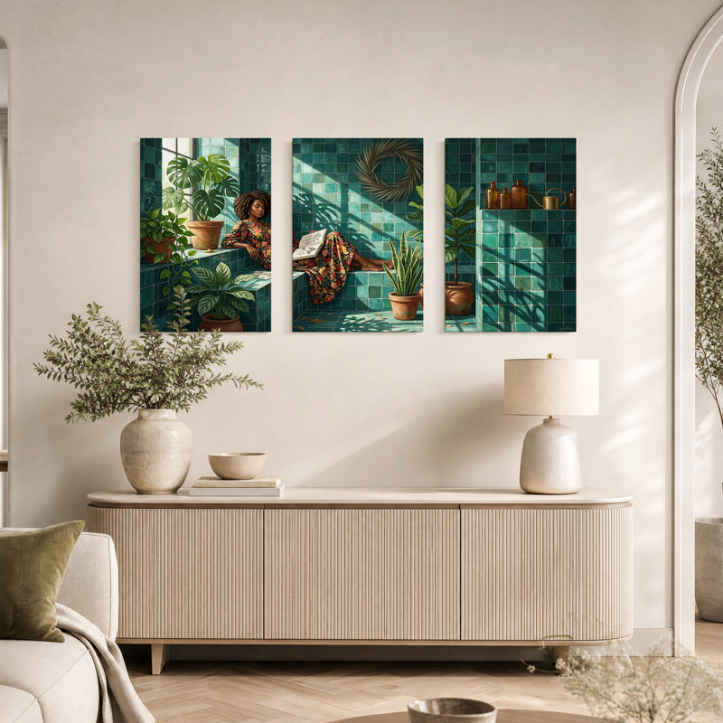 Femme lisant dans une chambre carrelée sarcelle avec des plantes, ensemble de 3 toiles, 36"H x 24"W x 3pcs