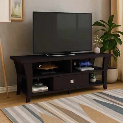 TV Stand Media Cabinet, Curved Wood Legs W 4 Shelves, 60 Inch, Brown