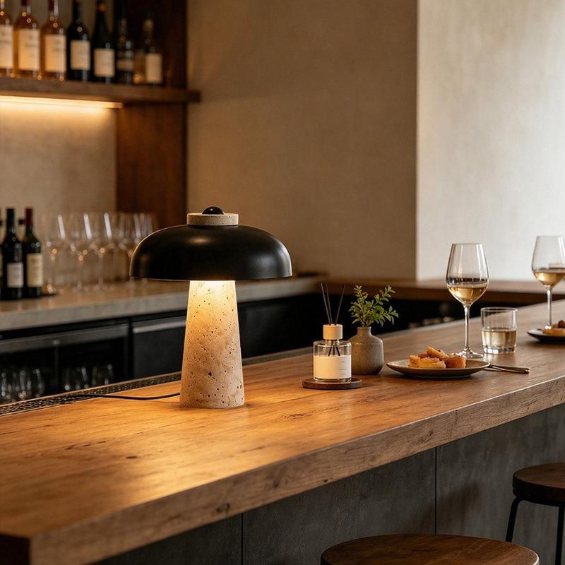 Lampe de table 12 po en pierre véritable avec abat-jour en métal noir