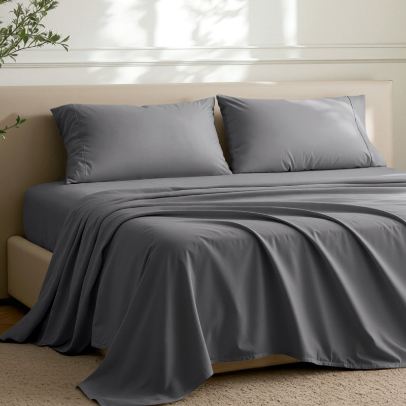 Ensemble de draps en microfibre avec taies d'oreiller, Gris, Ensemble de draps pour grand lit avec 2 taies d'or