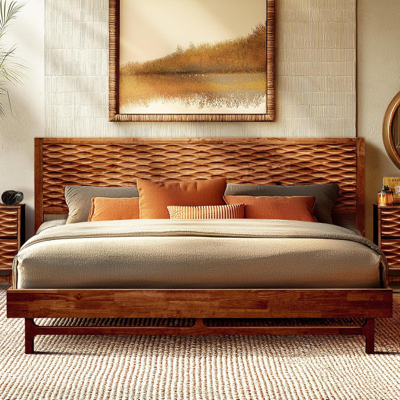 Elara Solid Wood King Walnut Platform Bed Frame with Sculpted Spearhead Headboard – Mid-Century Modern Style, 800 lbs Capacity, No Box Spring Needed, Bedroom Furniture