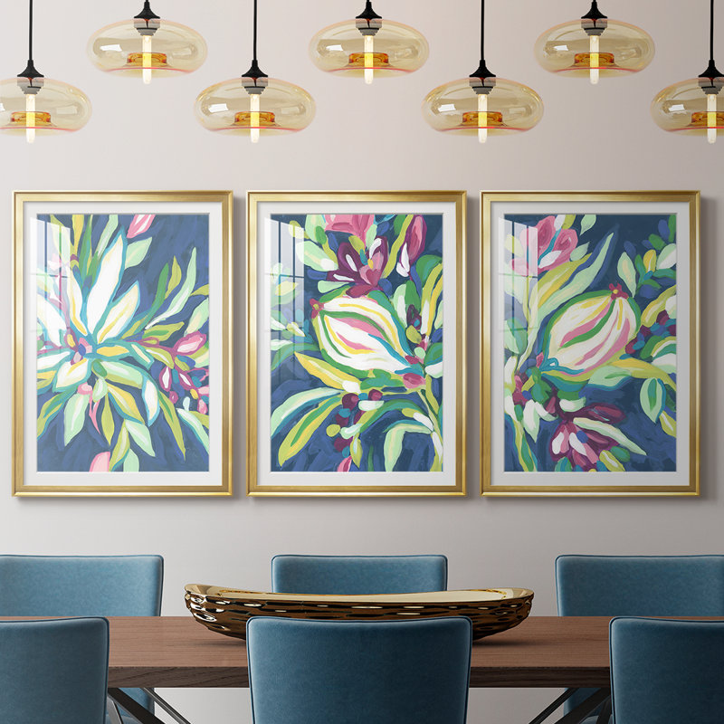 Blue Tropics I - reproduction sur mesure encadrée de qualité supérieure mate - 3 pièces, H 27 po x l 57 po