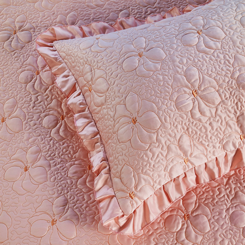 4 Piece Ruffle Matte Satin Bedspread Set, King Coverlet + 2 King Shams + Throw Pillow, Pink