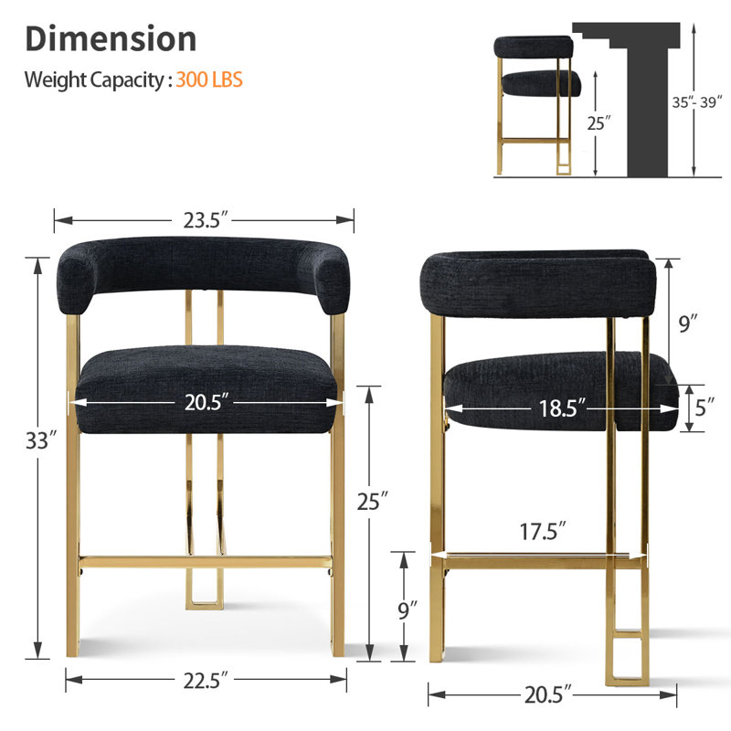 25" Upholstered Gold Chenille Arm Counter Stool (Set of 4), Black