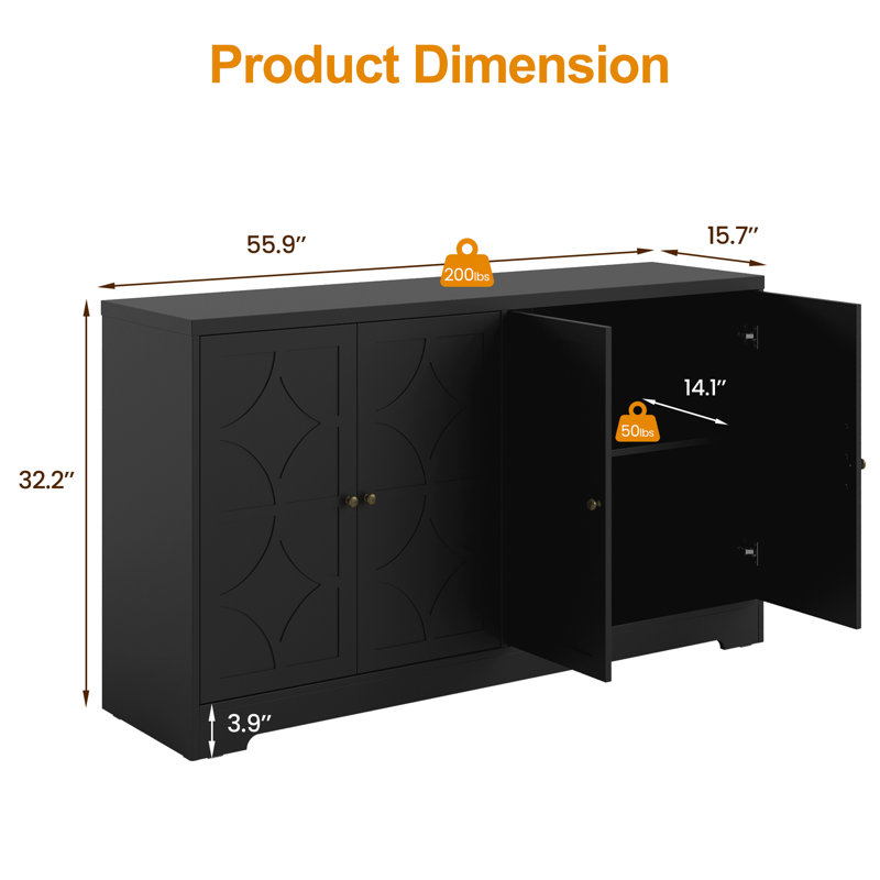 Sideboard Cabinet With 4 Doors, Black
