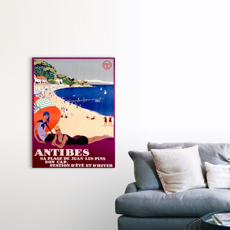 «Antibes, Sa Plage de Juan Les Pins», affiche rétro, par Roger Broders, reproduction d'art sur toile tendue par Roger Broders