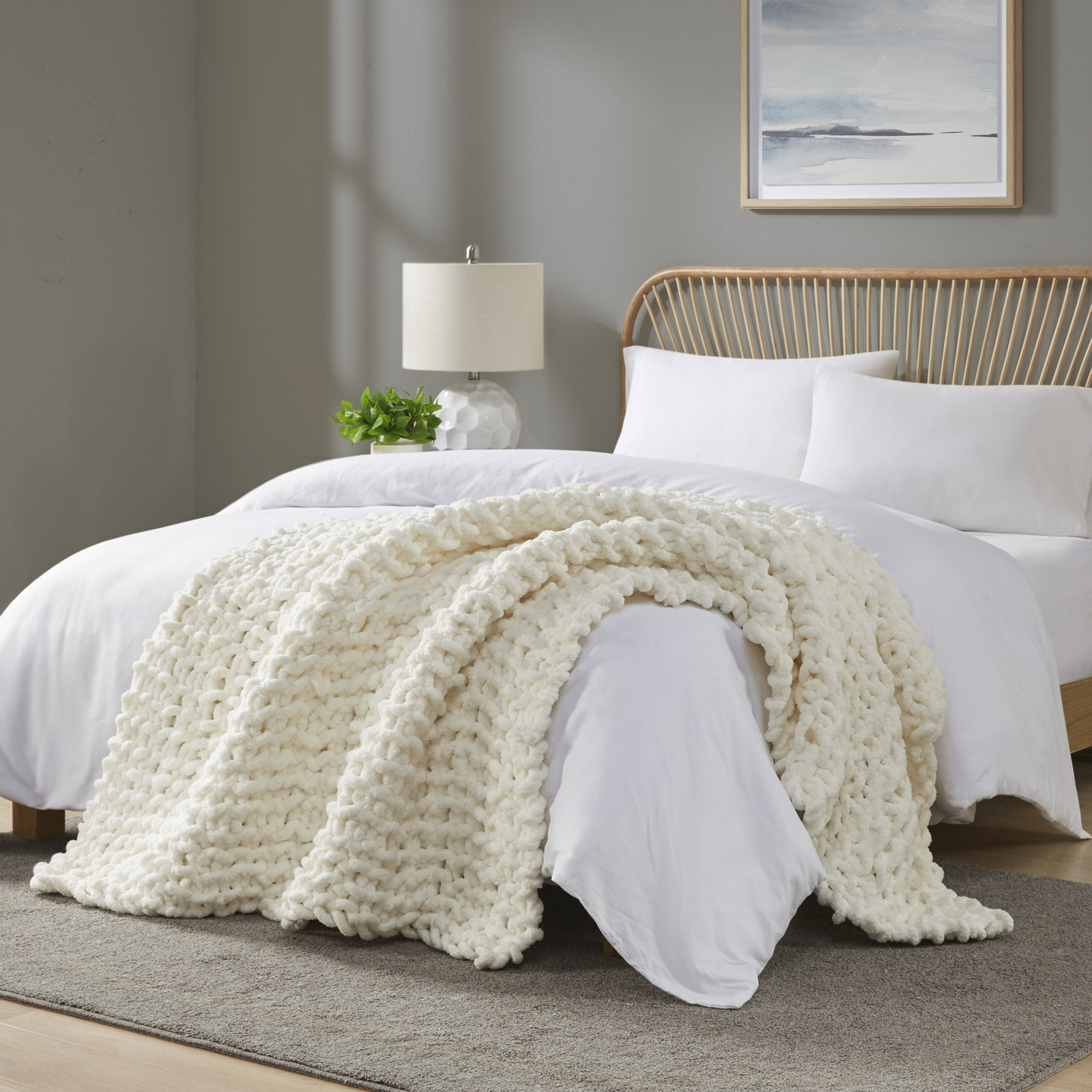 Chenille Chunky Knit Throw Blanket, Ivory