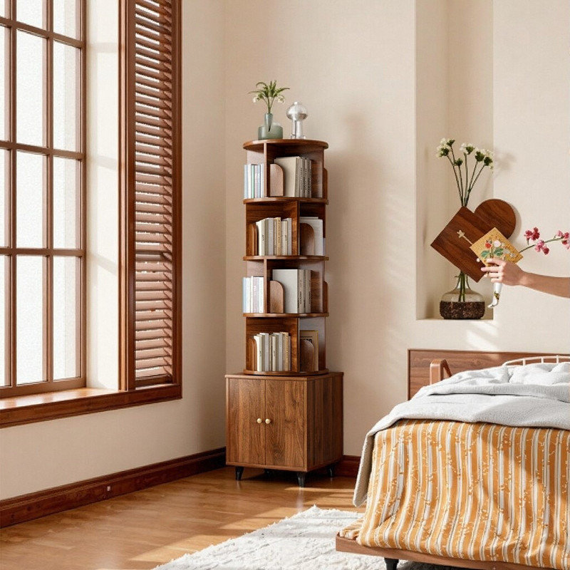 5-Tier Rotating Bookshelf with Storage Drawer, Brown