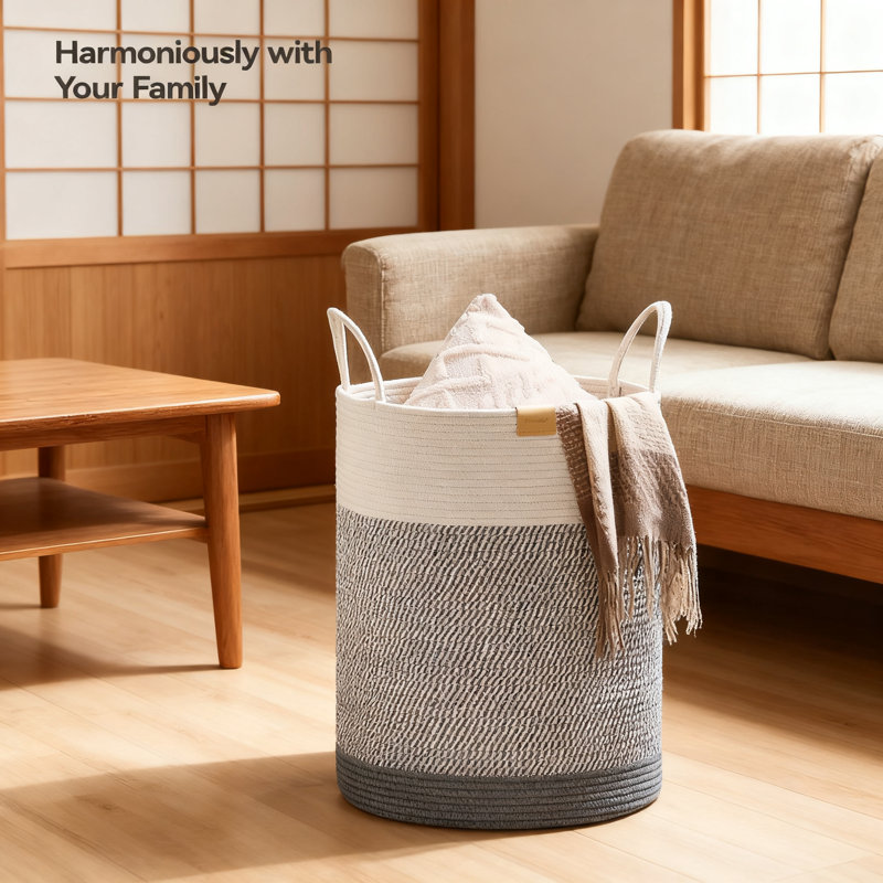 Panier à linge en corde de coton grande capacité 62L, organisateur de rangement tissé pour jouets, couvertures décoratives avec poignées pour chambre d'enfant