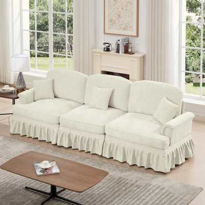 Boneless Elegant Mid Century Large Sofa Couch With Flared Arms And Removable Ruffles Pleats Skirts And Spindle Legs, Comfy Chenille Sofa For Living Room