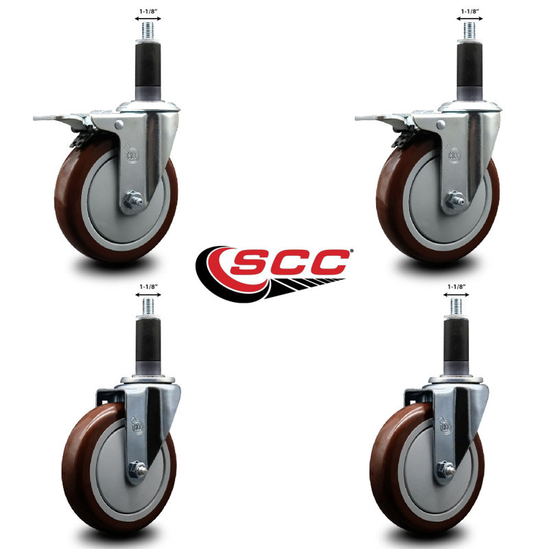 Ensemble de roulettes extensibles en poly pivotant de 5 pouces 1-1 / 8 pouces 2 freins à verrouillage total, Marron