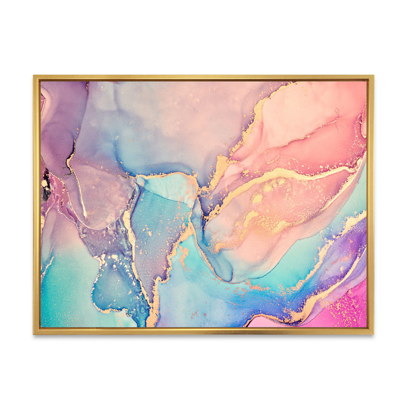 Art liquide rose et bleu II - reproduction sur toile, H 16 po x l 32 po, Cadre flottant doré