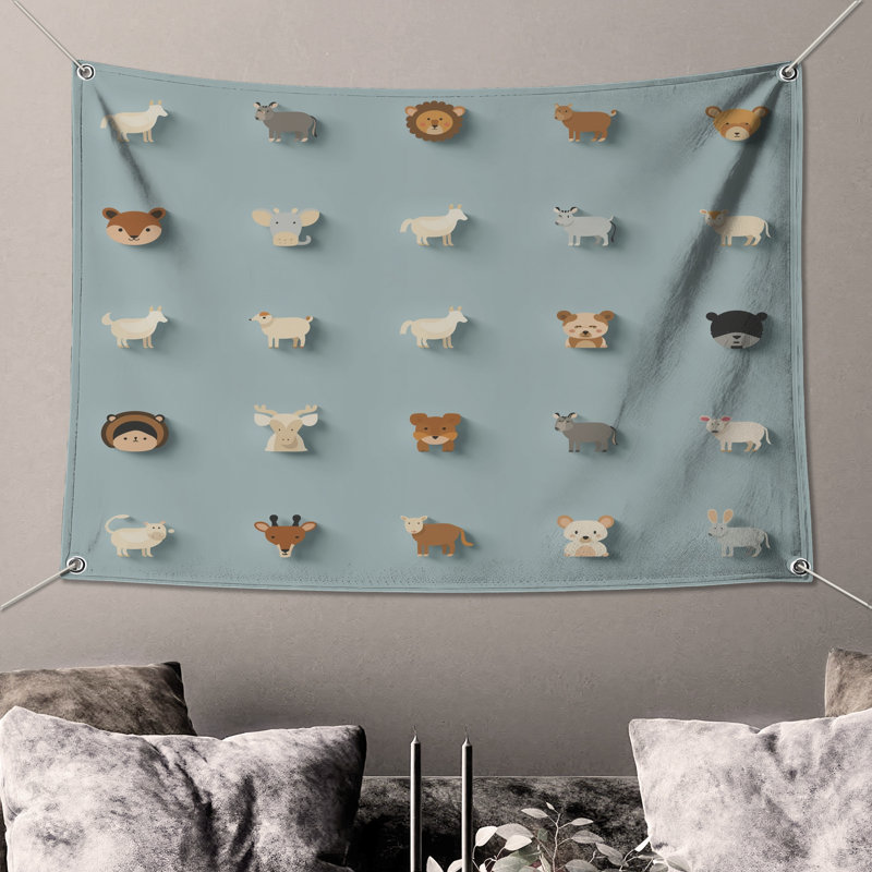Tapisserie murale «Cute Animal Icon» - Décoration murale animaux, H 50 po x l 60 po avec 4 œillets