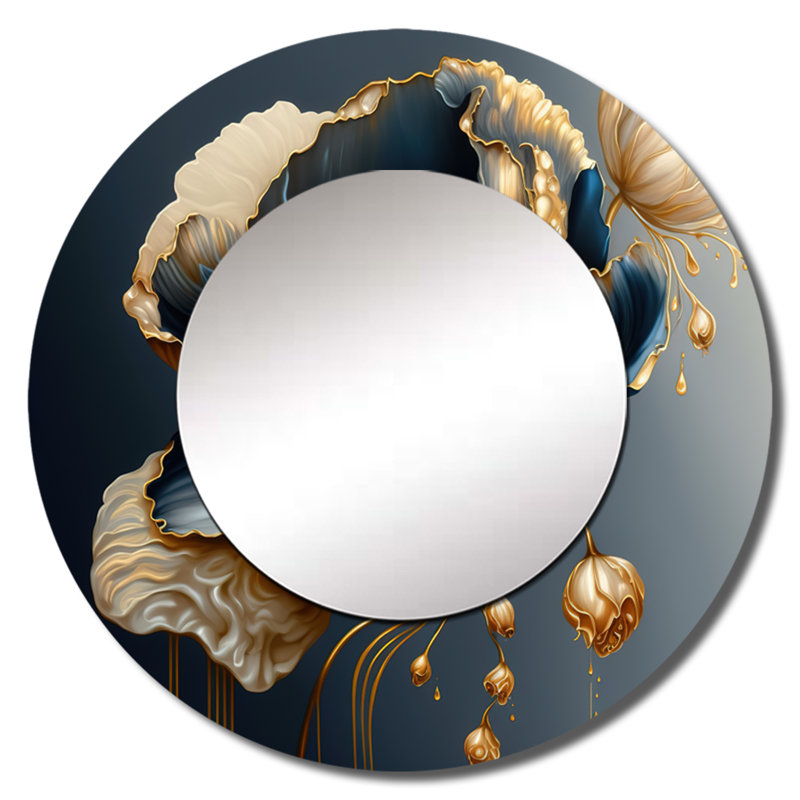 Phill Deep Blue And Gold Single Flower I - Floral Large Wall Mirror, Blue Round Unique Mirror, Printed Metal Art, 36" x 36"