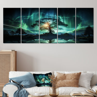 Emerald Tree In Northern Lights I - Ensemble de 5 décorations murales arbre