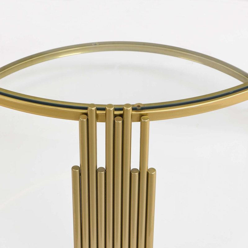 Table basse moderne en verre de 31,5 po, base asymétrique en métal, base cylindrique en métal, Transparent