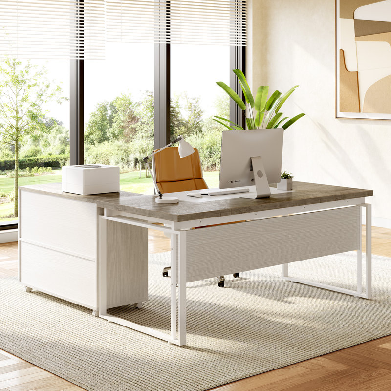 2-Piece Executive Desk with File Cabinet for Home Office, Gray/White