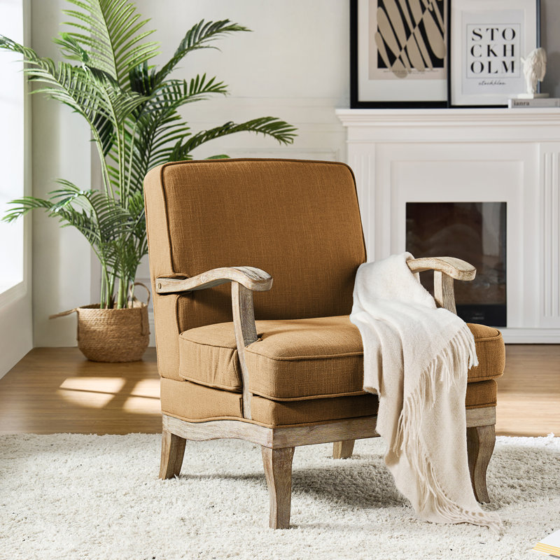 Amilio 28" W Farmhouse Polyester Armchair with Solid Wood Legs, Golden