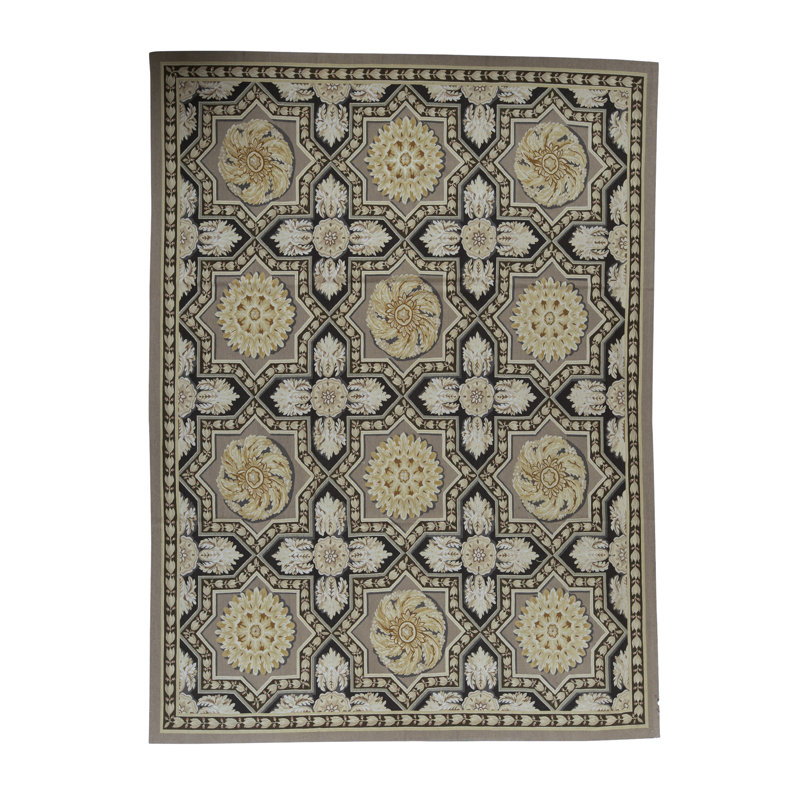 Tapis beige et noir noué à la main de haute qualité
