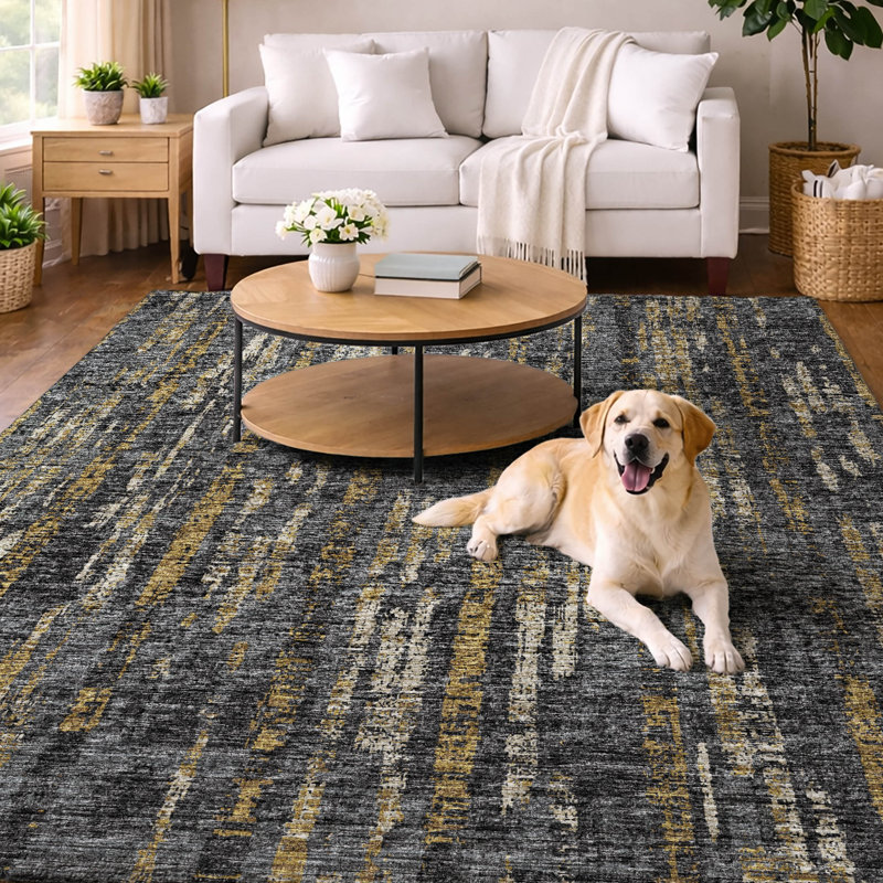 Premium Machine Washable Dream Shag ADS39 Broken Bars Rug, 8' x 10', Granite