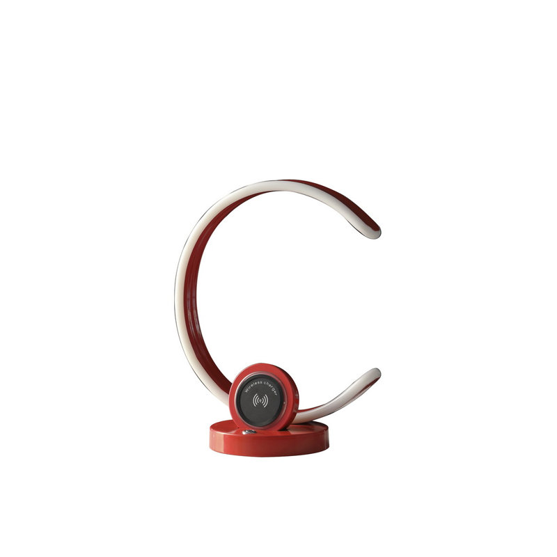 Lampe de table DEL moderne en C avec chargeur sans fil et port USB - gradateur tactile, lampe de bureau en métal rouge vif, hauteur 13,25 po