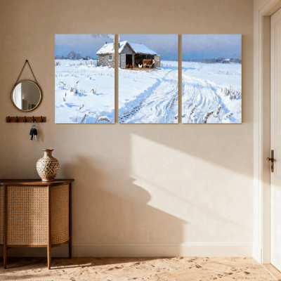 Ensemble de 3 reproductions d'art sur toile Scène et paysage urbain avec ferme enneigée et grange enneigée