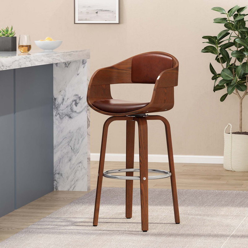Mid-Century Modern Wooden Frame Swivel Bar Stool, Brown