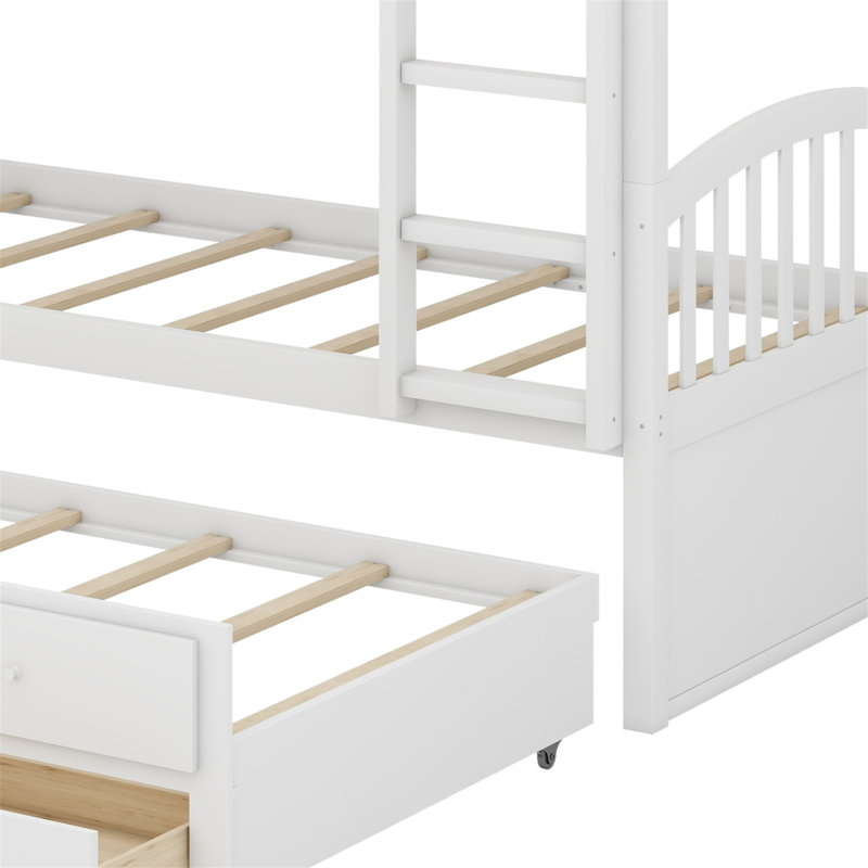 Bunk Bed With Ladder,Trundle And Drawers, White